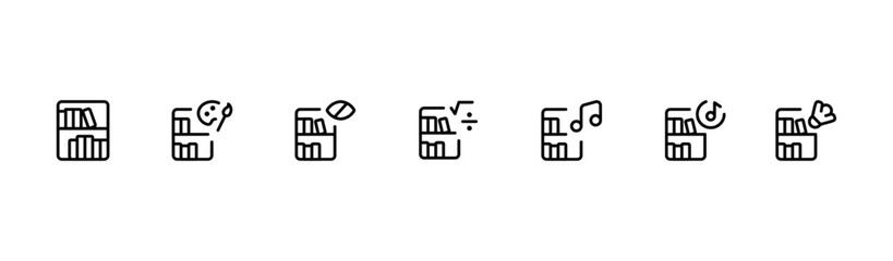 Library icon, Library shelf icon, vector set design with Editable Stroke. Line, Solid, Flat Line, thin style and Suitable for Web Page, Mobile App, UI, UX design.