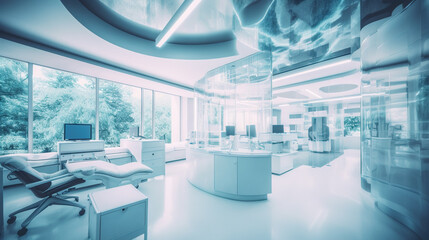 doctor office interior with electronic computers and white chairs in modern medical furniture, medium dental clinic 3d concept illustration,  atmospheric effects, light cyan and white, luxurious