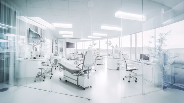 dental office with computer desk and aesthetic chairs, white and light gray, clinic industrial landscapes, medical sterile room, medical interior with windows in white room