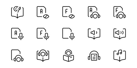 Audio book icon, vector set design with Editable Stroke. Line, Solid, Flat Line, thin style and Suitable for Web Page, Mobile App, UI, UX design.