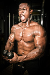 Fototapeta na wymiar A muscular African bodybuilder training intensively in the gym. 