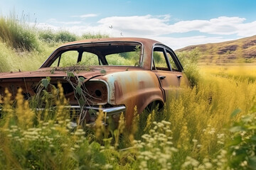 Abandoned vintage car rusts in rural meadow generated by artificial intelligence