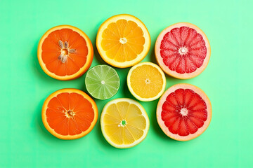 Composition with slices of citrus on color background