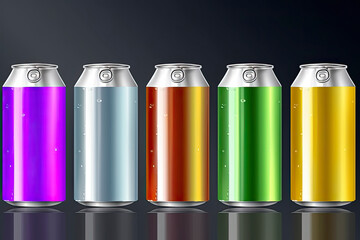 Fototapeta premium Color tin drink cans. Realistic metal isolated beverage containers. Aluminum jars with sparkling water