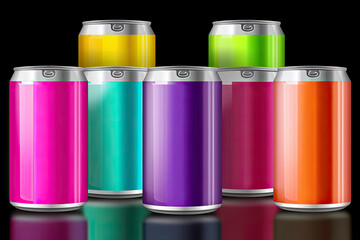 Color tin drink cans. Realistic metal isolated beverage containers. Aluminum jars with sparkling water