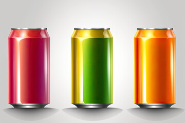 Color tin drink cans. Realistic metal isolated beverage containers. Aluminum jars with sparkling water