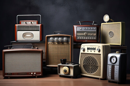 Collection of vintage radios: collectibles and entertainment concept