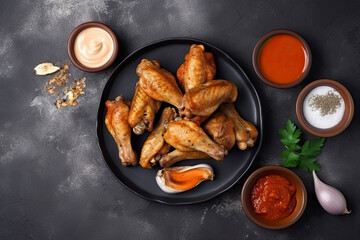 Fresh chicken wings with spices and the sauce set, on gray stone table background, top view flat lay