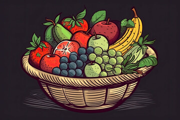 Fruit basket sticker. Generative and illustration