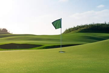 Obraz premium Golf ball and a flag on green hill