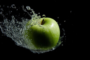Green apple under water with a trail of transparent bubbles