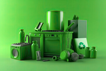 Green recycle symbol with household appliances, 3D rendering