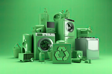 Green recycle symbol with household appliances, 3D rendering