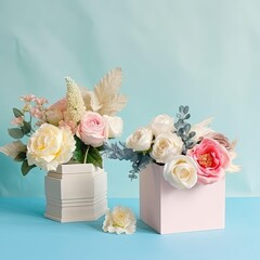 two small box flower arrangements on a white table, generative ai