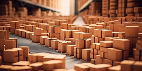 Logistics, industrial warehouse with Cardboard boxes on a conveyor belt, generative ai