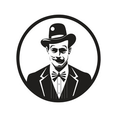 circus clown wearing suit, vintage logo line art concept black and white color, hand drawn illustration