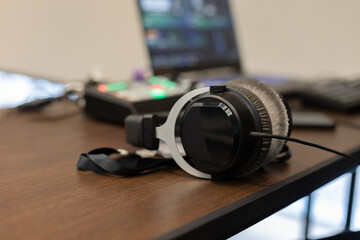 Fototapeta na wymiar headphone digital electronic broadcasting gadget recording. entertainment sound studio.