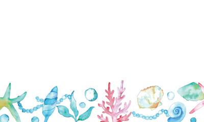 水彩画。水彩タッチの夏の貝殻ベクターイラスト。ヒトデや貝の背景フレーム。Watercolor painting. Summer seashell vector illustration with watercolor touch. Background frame of starfish and shells.