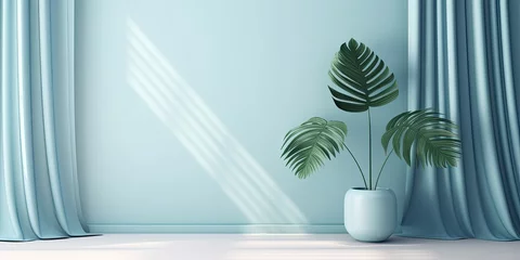Papier Peint photo Lavable Bleu clair Peaceful interior background with soft teal walls and potted plant. Sun rays streaming through windows. Wallpaper.