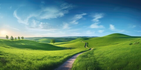 Fototapeta premium Abstract summer meadow landscape with sunny blue skies and green grass fields. Peaceful background.