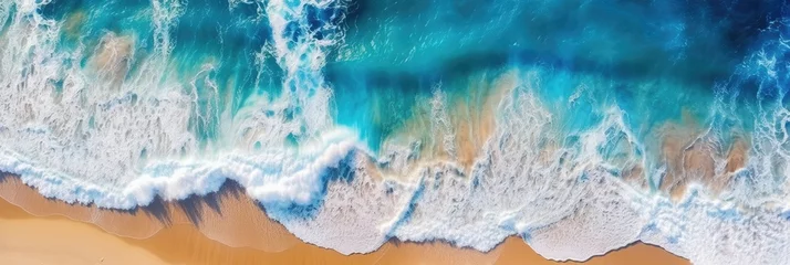 Foto op Plexiglas Overhead photo of crashing waves on the shoreline. Tropical beach surf. Abstract aerial ocean view. © Fox Ave Designs