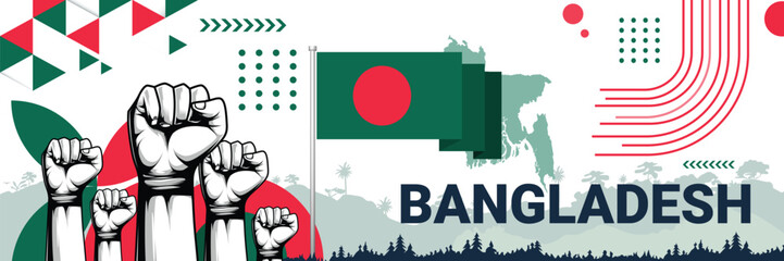 Celebrate Bangladesh independence in style with bold and iconic flag colors. raising fist in protest or showing your support, this design is sure to catch the eye and ignite your patriotic spirit!