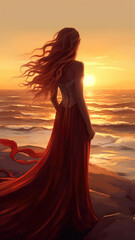 Young beautiful woman looks at the sea at sunset