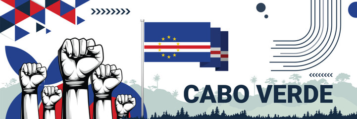 Fototapeta premium Celebrate Cabo Verde independence in style with bold and iconic flag colors. raising fist in protest or showing your support, this design is sure to catch the eye and ignite your patriotic spirit!