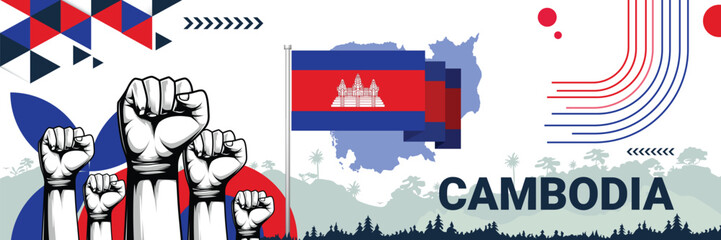 Celebrate Cambodia independence in style with bold and iconic flag colors. raising fist in protest or showing your support, this design is sure to catch the eye and ignite your patriotic spirit!