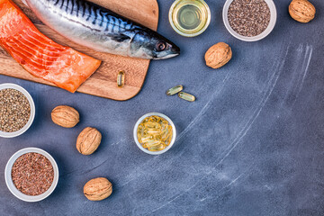 Healthy eating concept. Sources of omega 3. - obrazy, fototapety, plakaty