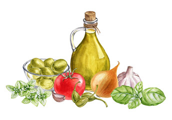 watercolor drawing ingredients for marinara sauce, tomato and garlic clove, glass of olive oil,oregano, olives, onion and basil, hand drawn illustration