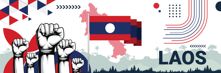 Celebrate Laos independence in style with bold and iconic flag colors. raising fist in protest or showing your support, this design is sure to catch the eye and ignite your patriotic spirit!