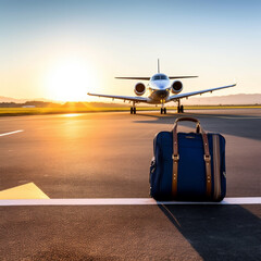 A Blue suitcase on a runway with blurred airport street and a private jet in the background. Business travel concept. Travel background. Airport background.