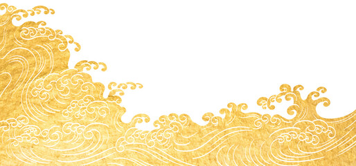  Japanese background with watercolor texture painting element vector. Gold oriental natural wave pattern with ocean sea decoration banner design in vintage style. Marine template.