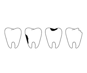 Healthy and sick tooth outline doodle icons set. Dentistry, stomatology and dental care concept.