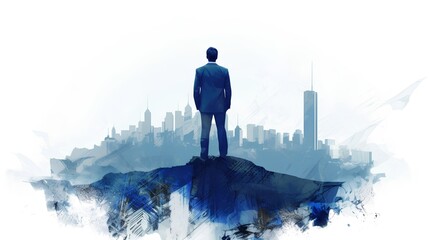 Businessman standing atop a mountain peak, overlooking a city landscape. Vision and success concept, underscoring the achievement of reaching one's goals. Triumphant moment. Generative AI