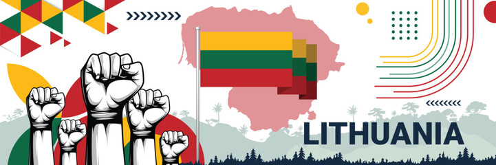 Celebrate Lithuania independence in style with bold and iconic flag colors. raising fist in protest or showing your support, this design is sure to catch the eye and ignite your patriotic spirit! - obrazy, fototapety, plakaty