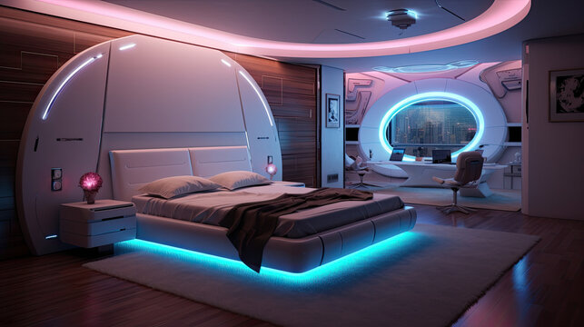2080 Futuristic Haven: Sleek Bedroom Interior Design for the Sci-Fi Enthusiast created with Generative AI