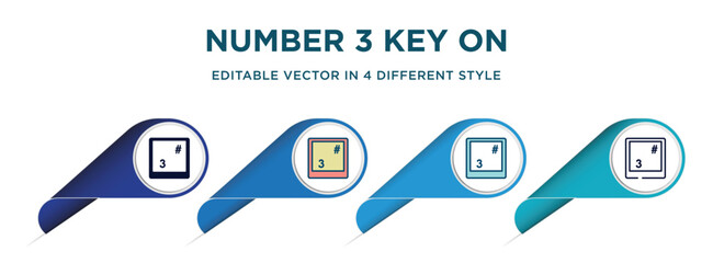 number 3 key on keyboard icon in 4 different styles such as filled, color, glyph, colorful, lineal color. set of vector for web, mobile, ui