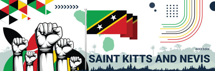 Saint Kitts and Nevis independence in style with bold and iconic flag colors. raising fist in protest or showing your support, this design is sure to catch the eye and ignite your patriotic spirit!