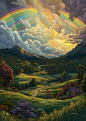 Fototapeta premium Illustration of meadow in a rural community with green grass surrounded by hills and mountains, generative ai