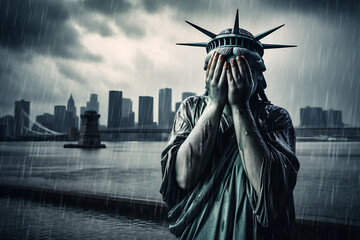 Statue of liberty crying with her hands covering her face, raining outside, city background, generative ai - obrazy, fototapety, plakaty