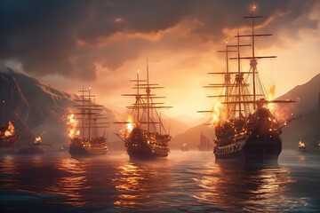 group of galleons on fire on sea in combat with tall mountains in the distance, golden sunlight, light shafts with twilight sky generative ai - obrazy, fototapety, plakaty