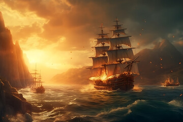Obraz premium group of galleons on fire on sea in combat with tall mountains in the distance, golden sunlight, light shafts with twilight sky generative ai