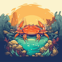 vintage crab in under water ocean sea view scene logo vector illustration - obrazy, fototapety, plakaty