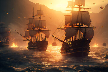 group of galleons on fire on sea in combat with tall mountains in the distance, golden sunlight, light shafts with twilight sky generative ai - obrazy, fototapety, plakaty