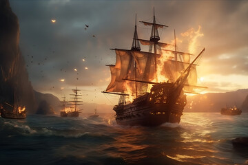 Obraz premium group of galleons on fire on sea in combat with tall mountains in the distance, golden sunlight, light shafts with twilight sky generative ai