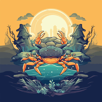 vintage crab in under water ocean sea view scene logo vector illustration