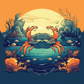 vintage crab in under water ocean sea view scene logo vector illustration
