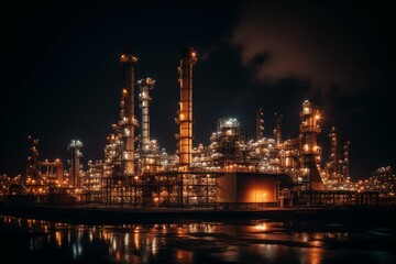 Plakat A petrochemical complex illuminated by bright lamps and flare stacks during the night time. Generative AI